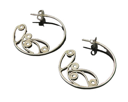 925 Sterling Silver  Vintage Shiny Open Swirl Design Hoop Earrings  EG10214