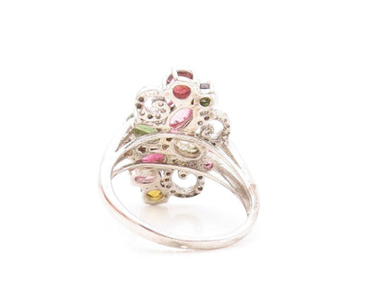 925 Sterling Silver Vintage Ring Cabochon Gemstones Floral Inlay  Sz 9  RG30011