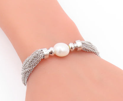 925 Sterling Silver Vintage Bracelet Modernist Pearl & Mesh Chain  BT11252