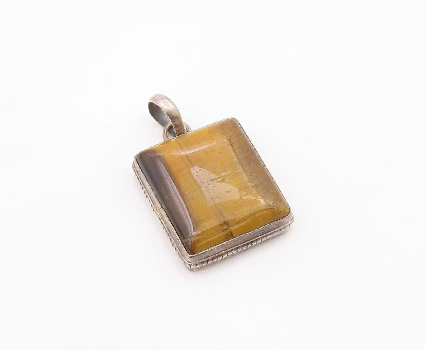 925 Sterling Silver  Vintage Cabochon Cut Tiger's Eye Square Pendant  PT12176