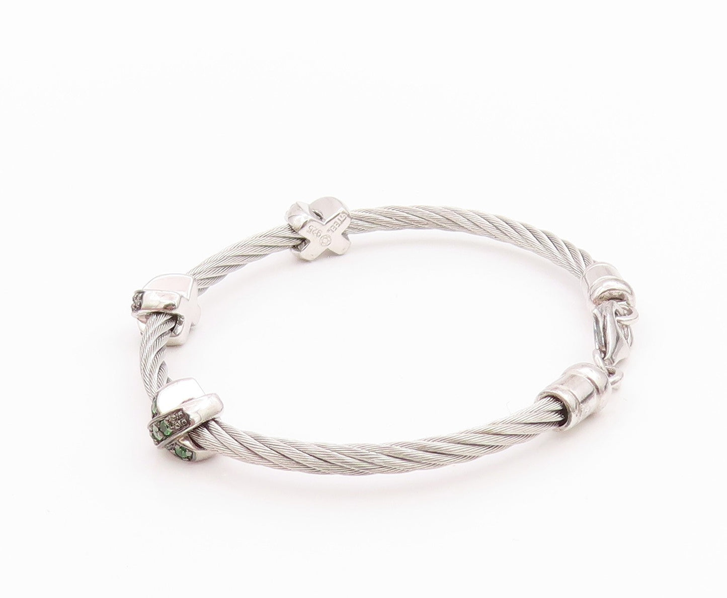 925 Sterling Silver Vintage Bracelet Roped Green CZ Inlay X Bangle  BT11300