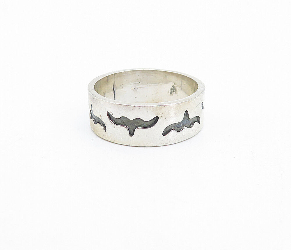 925 Sterling Silver  Vintage Shiny Oxidized Flying Bird Band Ring Sz 7  RG3964