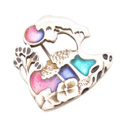925 Sterling Silver Vintage Brooch Enameled Forest Landscape Cutout  BP11507