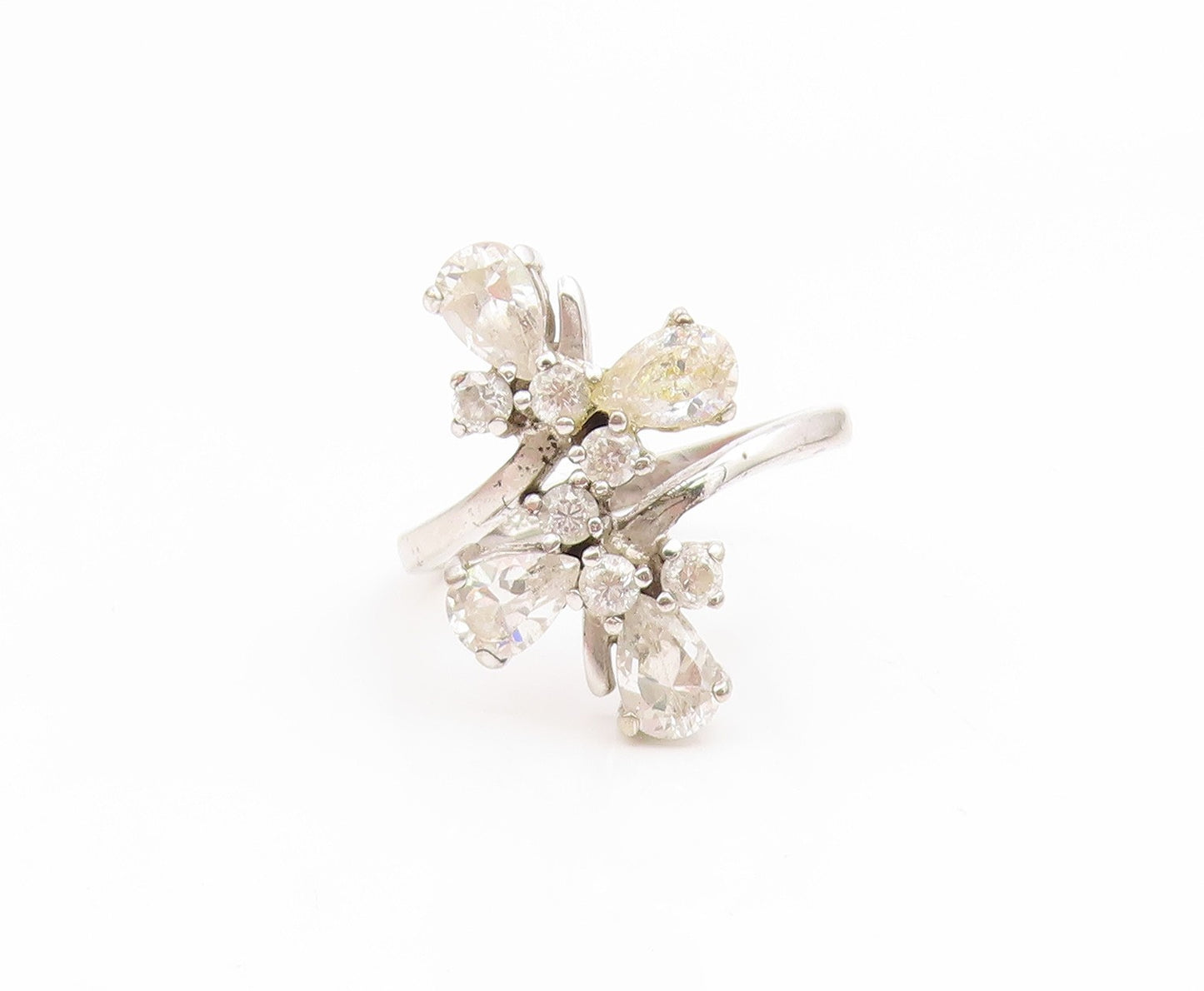 925 Sterling Silver Vintage Ring CZ Elegant Floral Bypass Band  Sz 8  RG35192