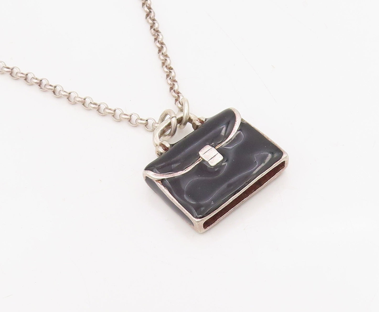 925 Sterling Silver Vintage Necklace Enameled Briefcase Charm Chain  NE4707