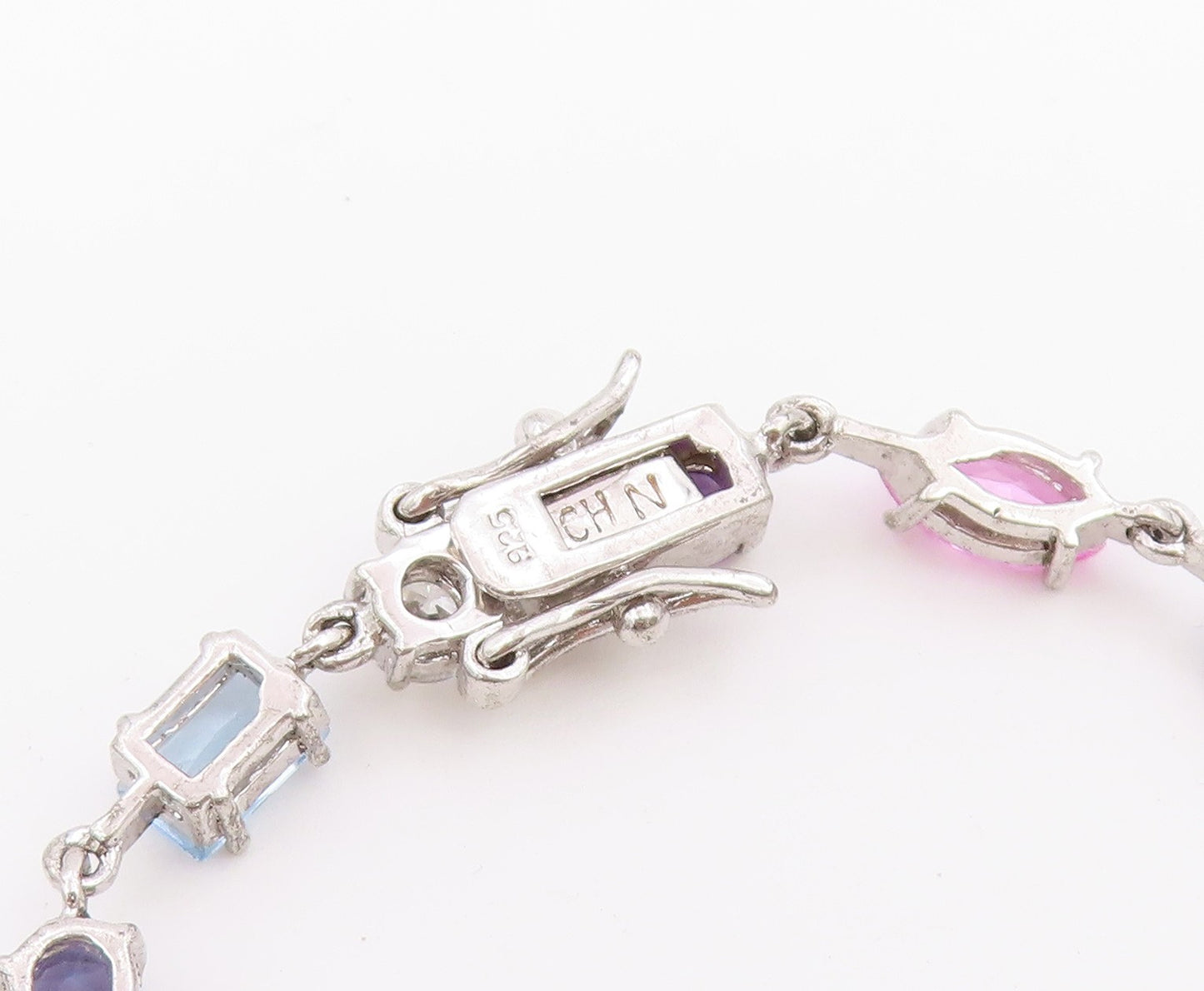 925 Sterling Silver Vintage Necklace Multi Gemstone Tennis Link Chain  NE4899