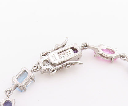 925 Sterling Silver Vintage Necklace Multi Gemstone Tennis Link Chain  NE4899