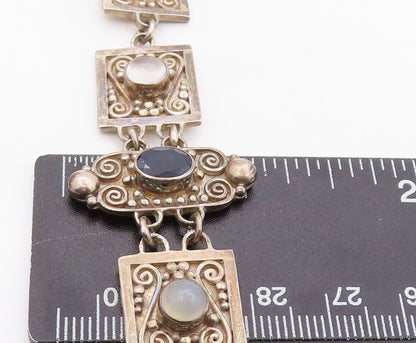 925 Sterling Silver Vintage Bracelet Antique Swirly Carved Gemstones  BT10804