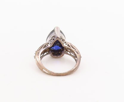 925 Sterling Silver Vintage Ring Sapphire Swirly Carved CZ Inlay  Sz 6  RG29613
