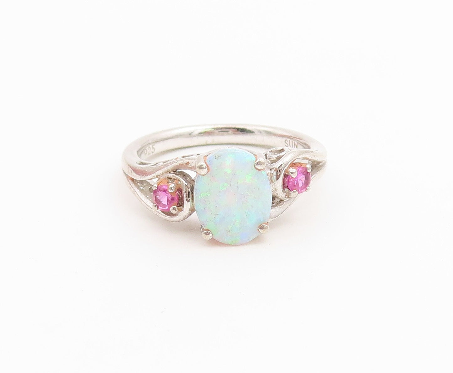 925 Sterling Silver Vintage Ring Oval Fire Opal & Pink Topaz Band  Sz 7  RG36667