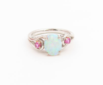 925 Sterling Silver Vintage Ring Oval Fire Opal & Pink Topaz Band  Sz 7  RG36667