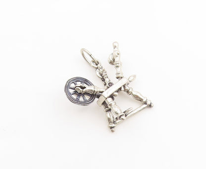 925 Sterling Silver Vintage Pendant Etched Yarn Spinning Machine Charm  PT26152