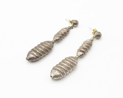925 Sterling Silver  Vintage Dark Tone Fluted Detail Dangle Earrings  EG7302