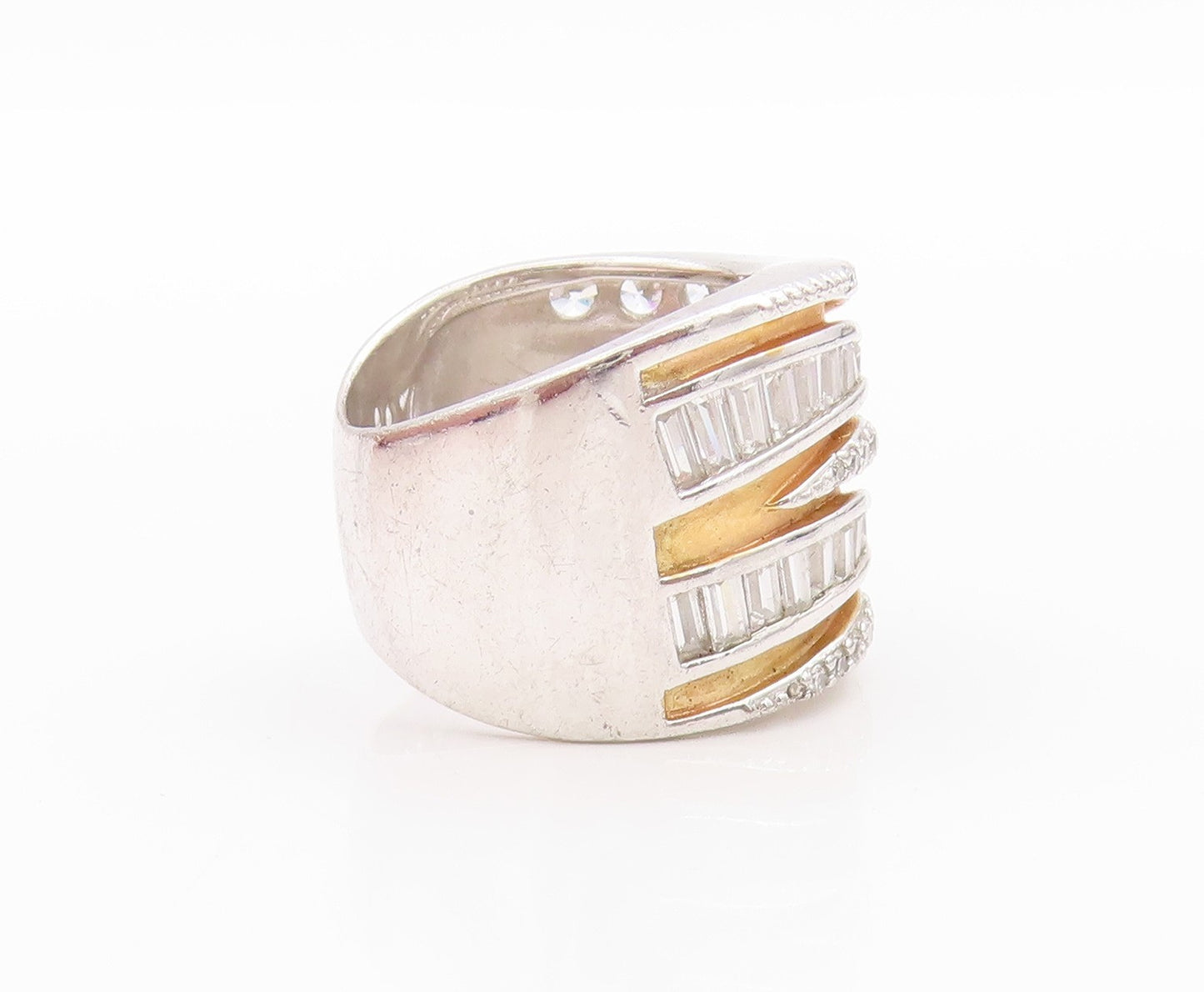 925 Sterling Silver Vintage Ring Rectangle & Round Cut CZ Swirls  Sz 5  RG33314
