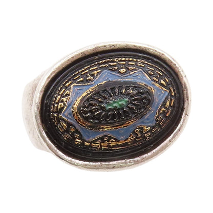 925 Sterling Silver Vintage Ring METAL POINTUS Enameled Design  Sz 9  RG31869