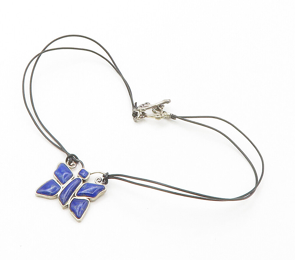 BARSE 925 Silver  Vintage Lapis Lazuli Butterfly Motif Chain Necklace  NE2478