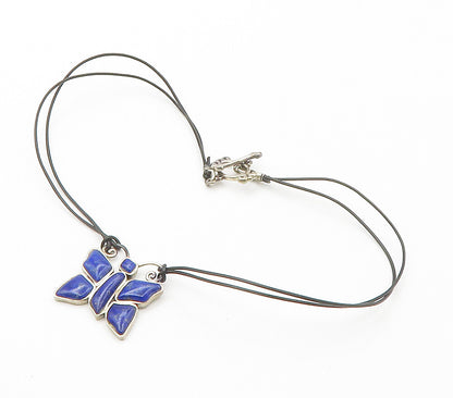 BARSE 925 Silver  Vintage Lapis Lazuli Butterfly Motif Chain Necklace  NE2478