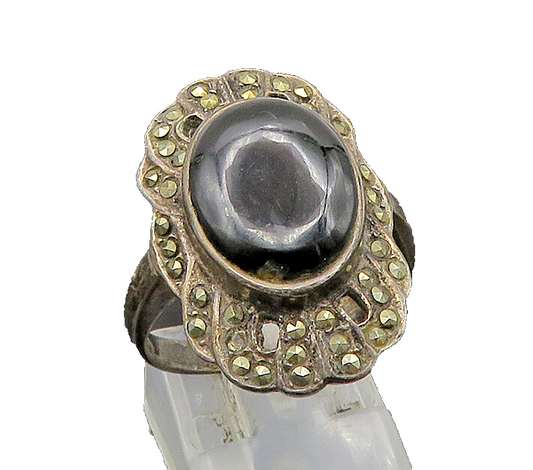 925 Sterling Silver  Vintage Black Onyx & Marcasite Cocktail Ring Sz 8 RG23646