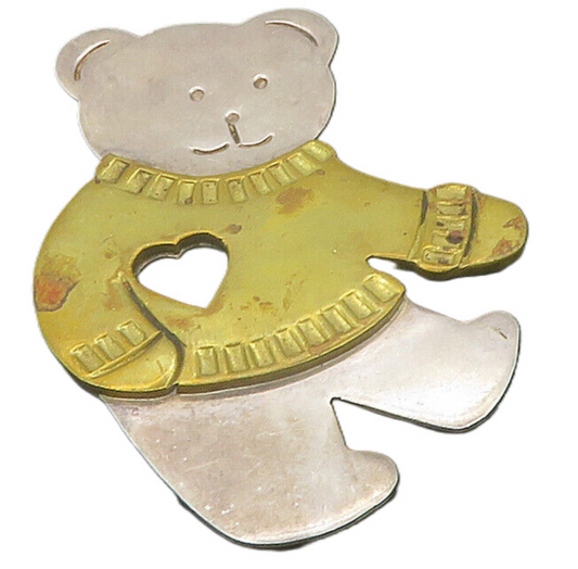 MEXICO 925 Silver  Vintage Two Tone Teddy Bear Love Heart Brooch Pin  BP4436