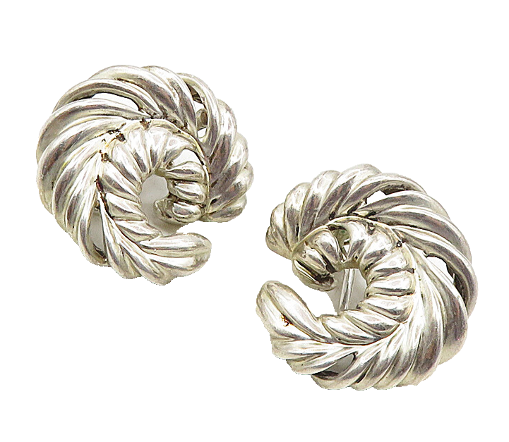 925 Sterling Silver  Vintage Shiny Swirl Feather Non Pierce Earrings  EG4954