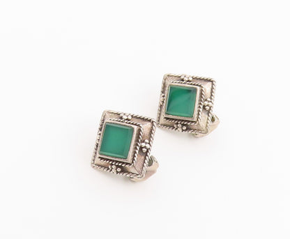 925 Sterling Silver Vintage Earrings Green Onyx Beaded Frame Clip On  EG14432