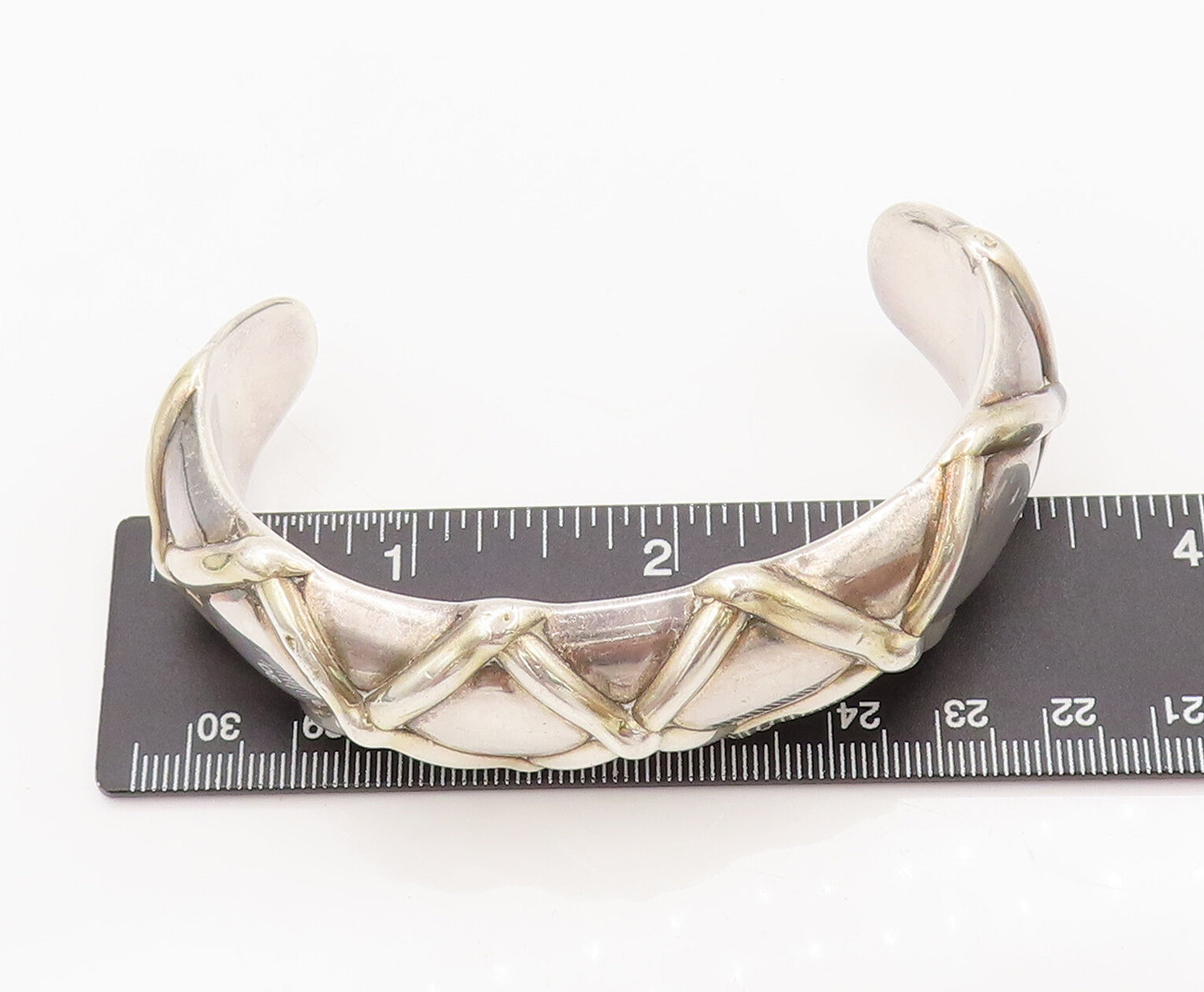 925 Sterling Silver Vintage Bulged Checks Cross Solid Cuff Bracelet BT9966