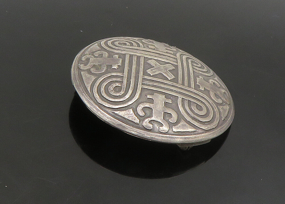 925 Sterling Silver  Vintage Dark Tone Knot Pattern Round Brooch Pin  BP9094