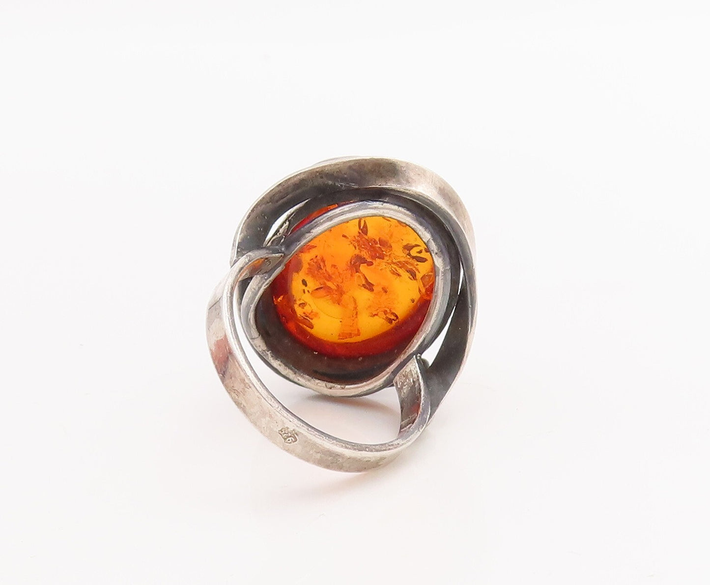 925 Sterling Silver Vintage Ring POLAND Cabochon Honey Amber  Sz 8.5  RG28690