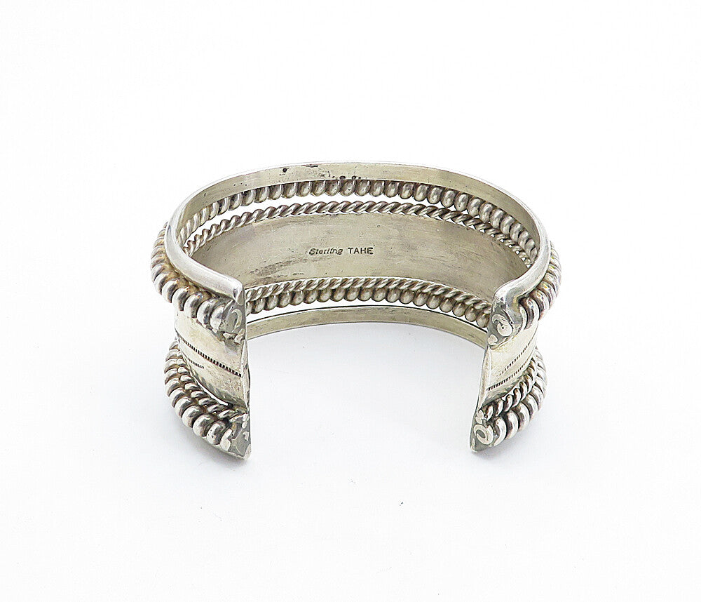 TAHE NAVAJO 925 Sterling Silver Vintage Etched Detail Twist Cuff Bracelet BT2666