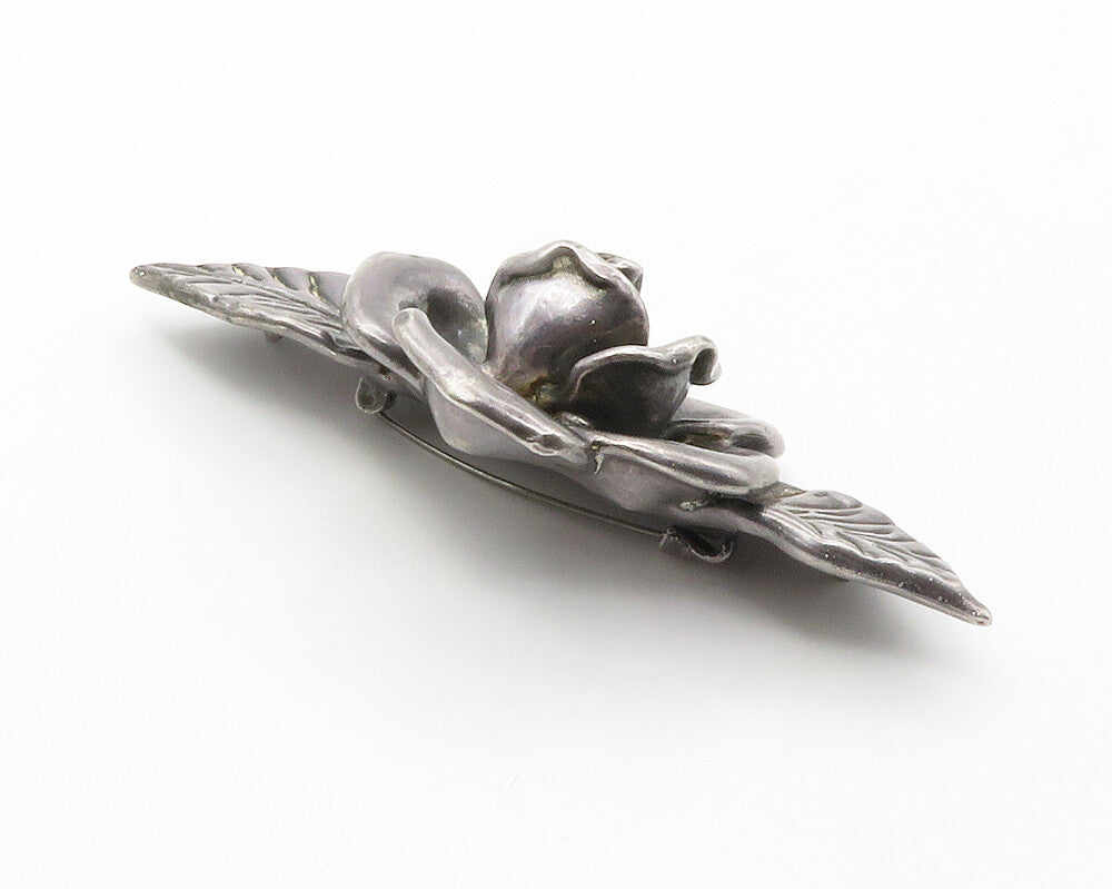 BAT AMI 925 Silver  Vintage Dark Tone Sculpted Rose Flower Brooch Pin  BP5504