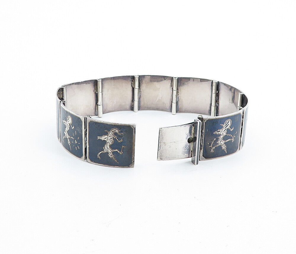 SIAM 925 Sterling Silver Vintage Niello Dancer Square Link Chain Bracelet BT2469