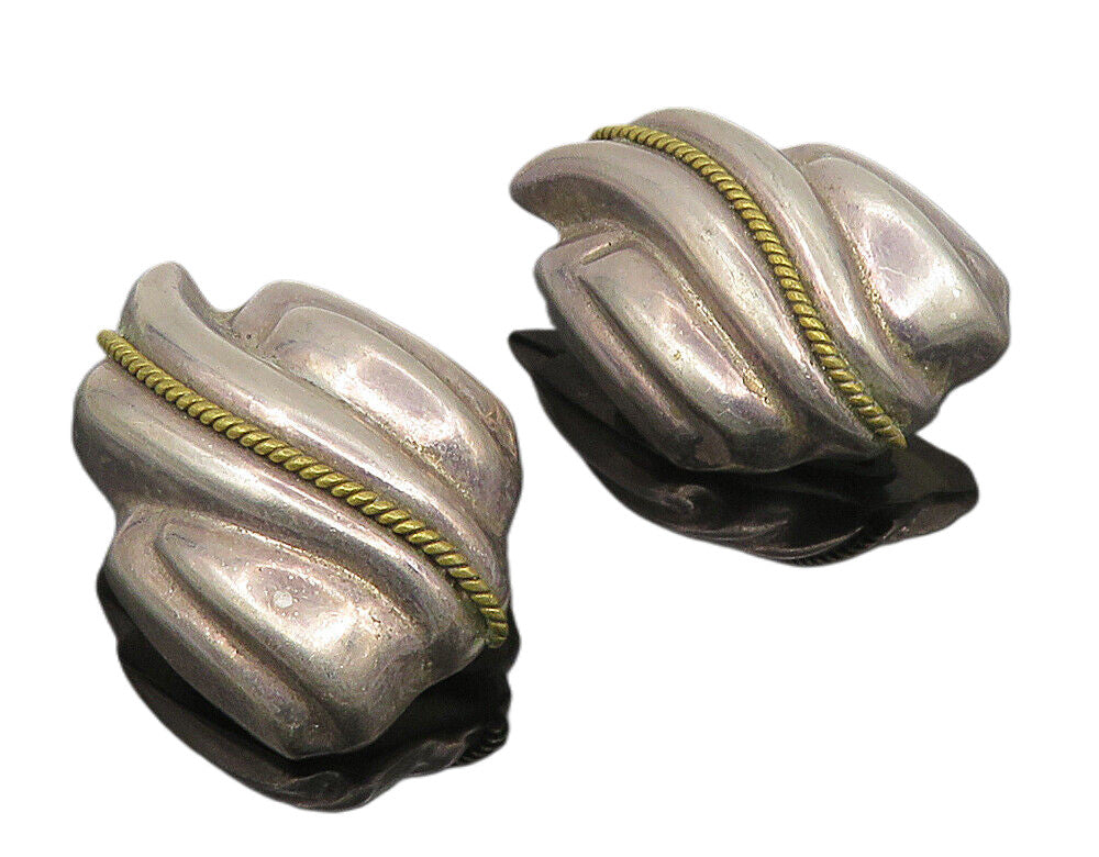 MEXICO 925 Silver  Vintage Two Tone Rope Twist Non Pierce Earrings  EG5559