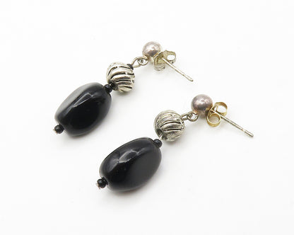 925 Sterling Silver  Vintage Black Onyx Bead Linked Dangle Earrings  EG7399