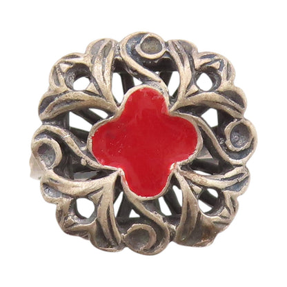 925 Sterling Silver Vintage Ring Enameled Victorian Swirly Flower  Sz 8  RG33009