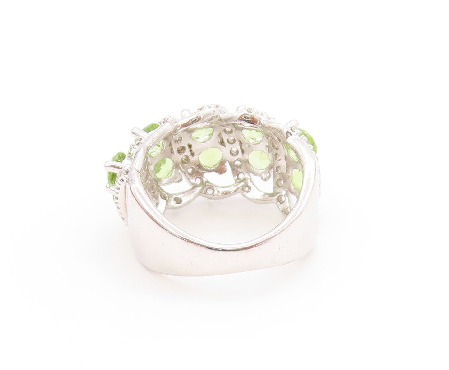 925 Sterling Silver Vintage Ring Round Peridot & CZ Crossover Band Sz 6 RG33734