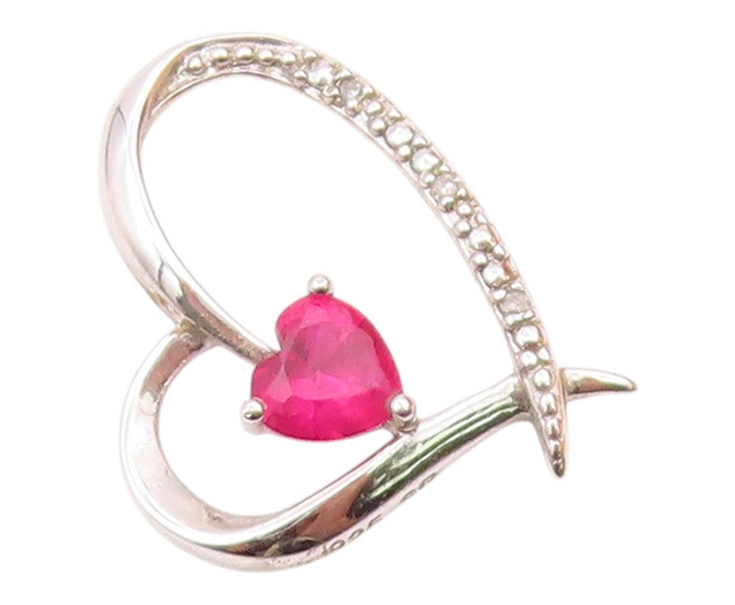 925 Silver  Vintage Genuine Diamond & Pink Topaz Love Heart Pendant  PT18993