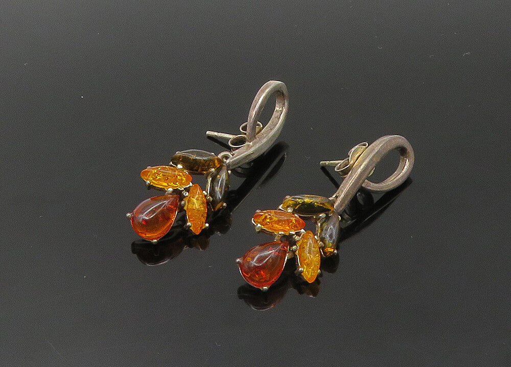 925 Sterling Silver  Vintage Amber Floral Motif Dangle Earrings  EG10718