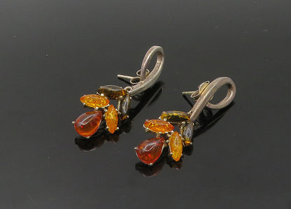 925 Sterling Silver  Vintage Amber Floral Motif Dangle Earrings  EG10718