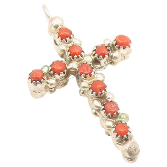 925 Sterling Silver Vintage Pendant NAVAJO Coral & Turquoise Holy Cross  PT26599