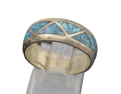 SOUTHWESTERN 925 Silver Vintage Turquoise Pattern Band Ring Sz 8 RG22895