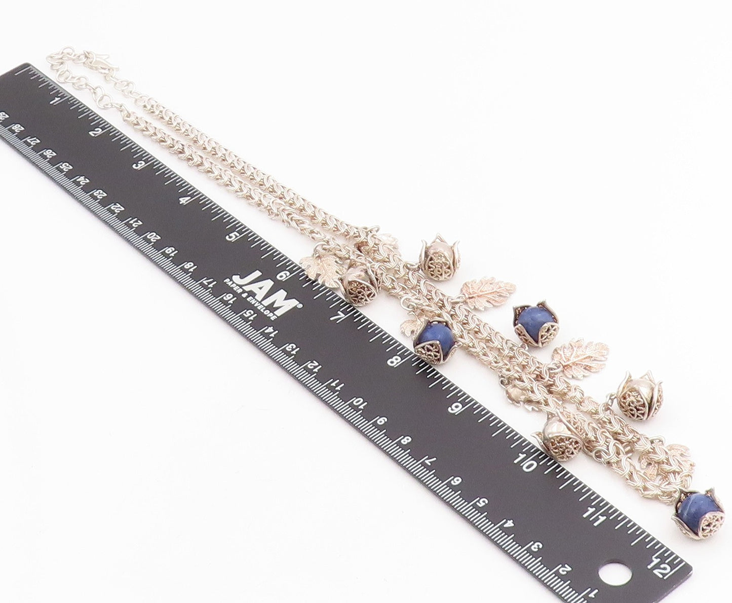 925 Sterling Silver Vintage Necklace Lapis Lazuli Beads Botanical Charm  NE4779