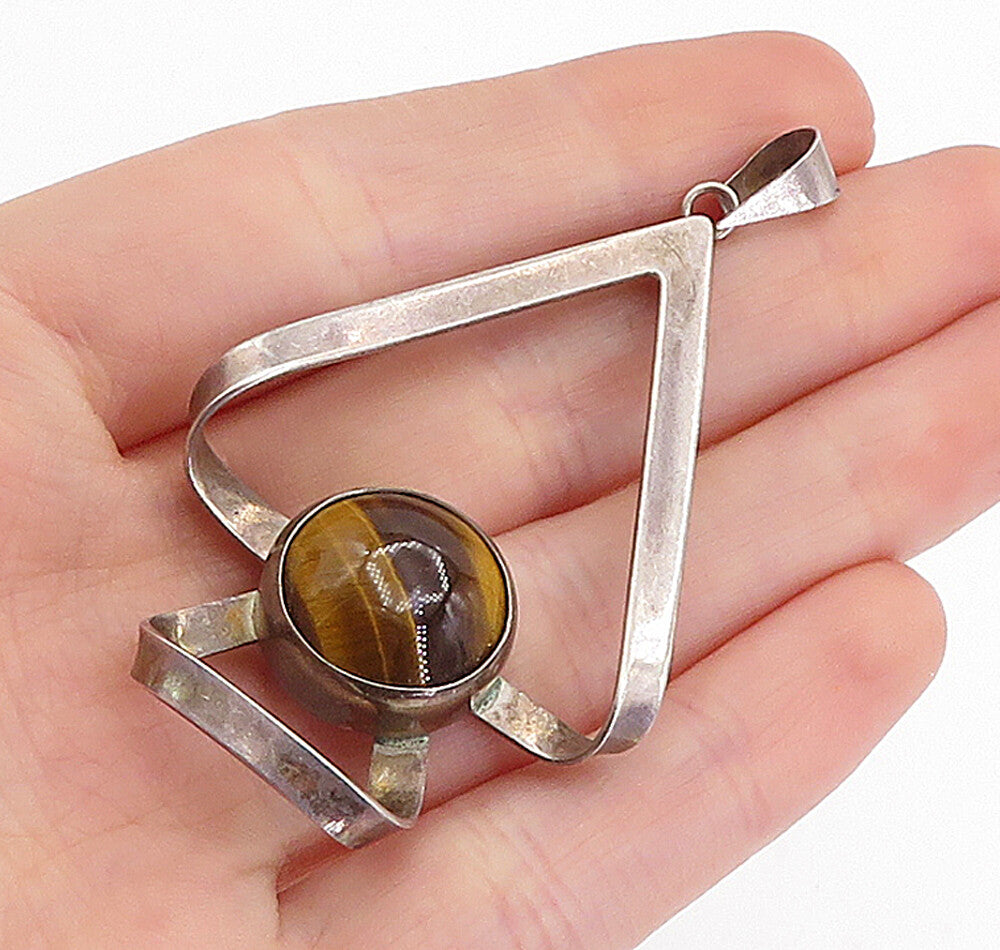 925 Sterling Silver  Vintage Tiger's Eye Dark Tone Open Design Pendant  PT3426