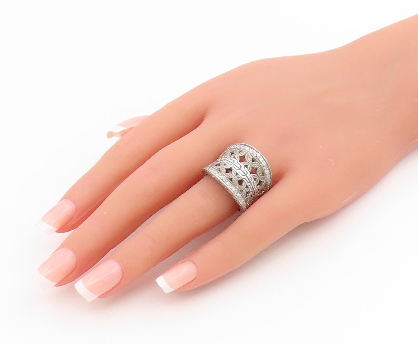 925 Sterling Silver Vintage Ring CZ Floral Openwork Wide Band  Sz 8.5  RG34372