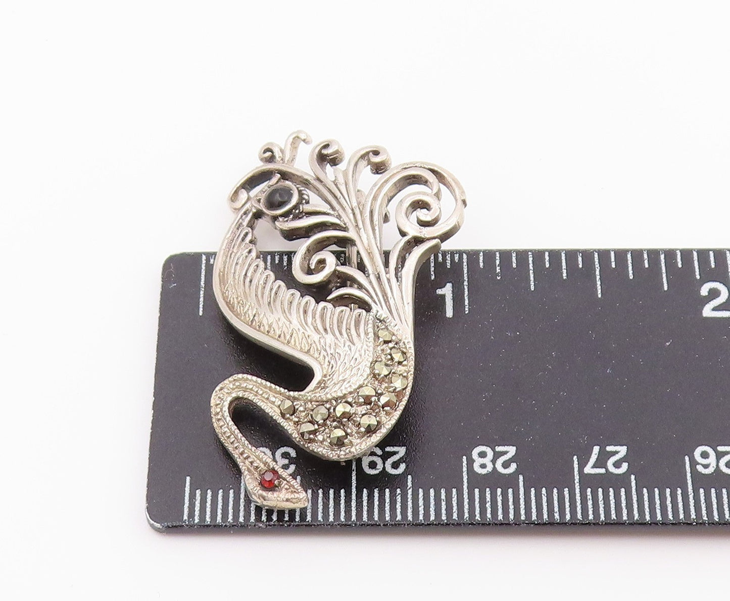 925 Sterling Silver Vintage Brooch Pin Multi Gemstone Scrollwork Swan  BP12635