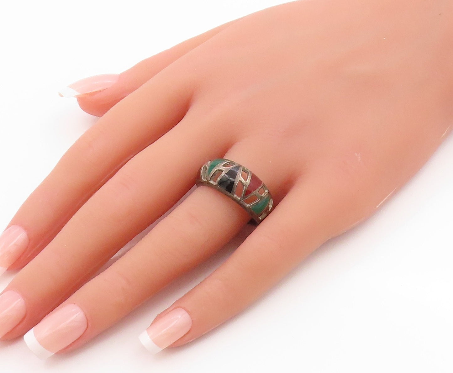 925 Sterling Silver Vintage Ring Multi Gemstone Geometric Cutout  Sz 10  RG35852