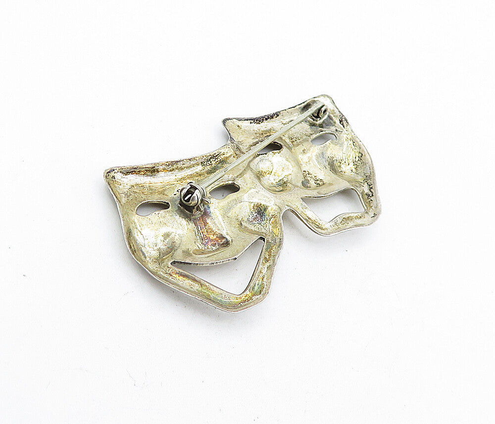 925 Sterling Silver  Vintage Dramatic Theatre Masks Motif Brooch Pin  BP1494