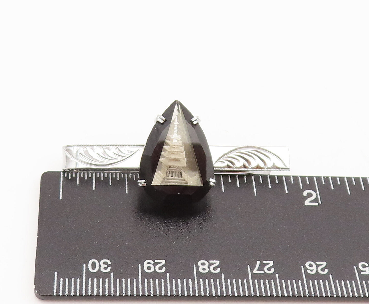 JAPAN 925 Silver  Vintage Designer Onyx Inlay Glass Shrines Tie Clip  TR3612