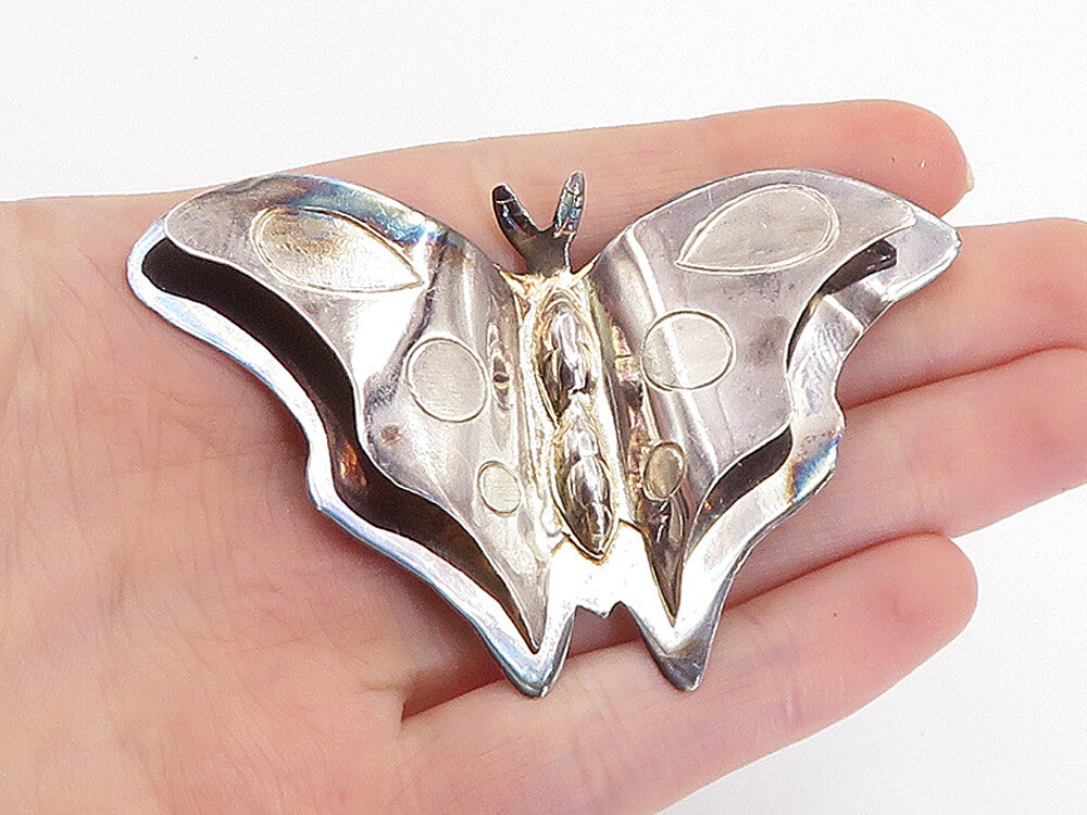 MEXICO 925 Silver  Vintage Shiny Dark Tone Butterfly Motif Brooch Pin  BP2891