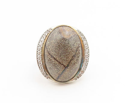 925 Sterling Silver Vintage Ring Oval Gemstone & CZ Statement Band Sz 9 RG35043