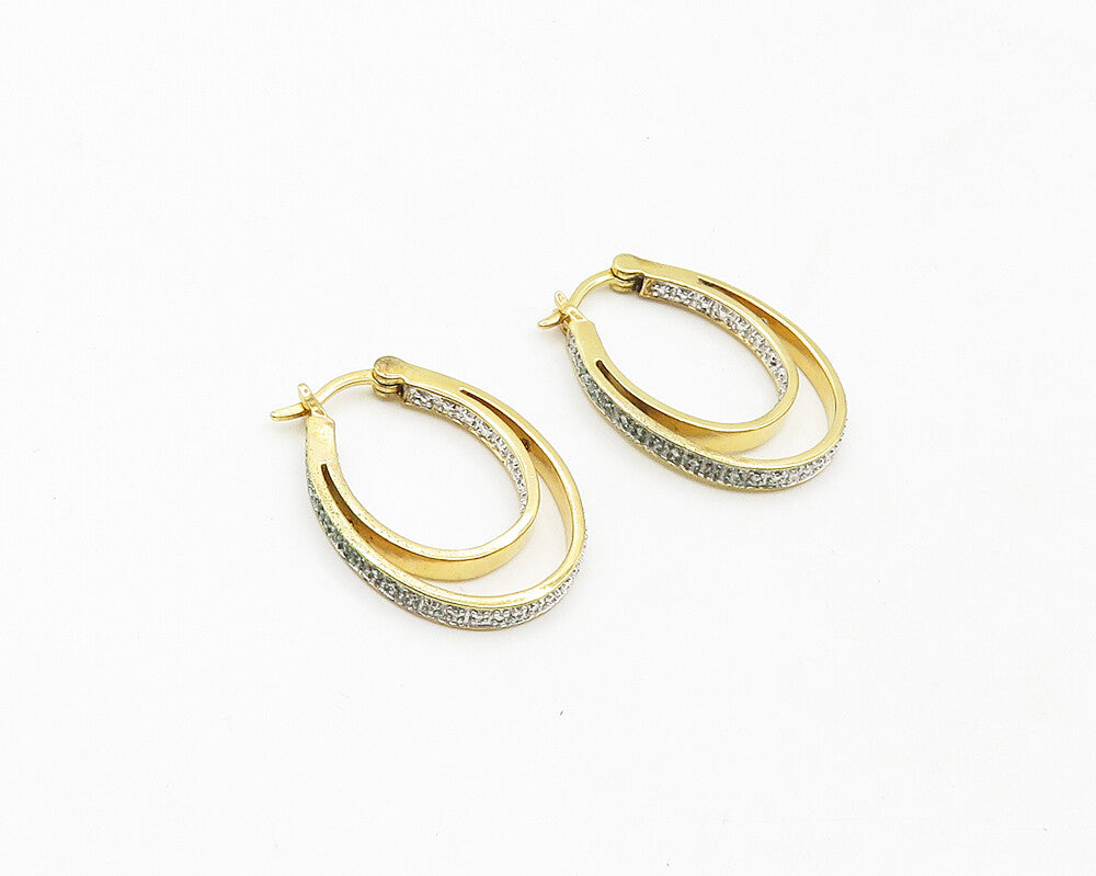 925 Sterling Silver  Genuine Diamonds Gold Plated Oval Hoop Earrings  EG9397